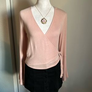 New American Rag Knit V-Neck Faux Wrap Long Bell Sleeve Pink Blouse Size XS
